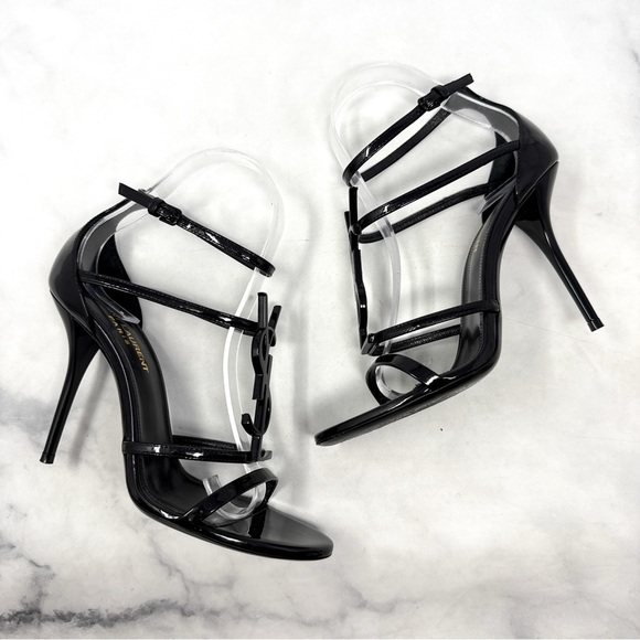 Saint Laurent YSL Cassandra Patent Leather Strappy Sandal Heel Designer Black 37 - Picture 7 of 16